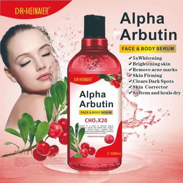 Alpha Arbutin face and body serum bottle with branding and product features on a pink background