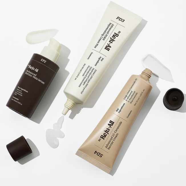 Skincare products with visible branding on a white background