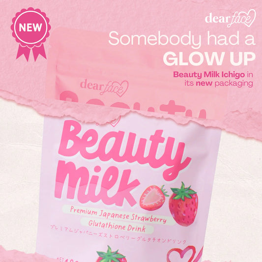 Packaging of Beauty Milk strawberry glutathione drink with pink and white design.