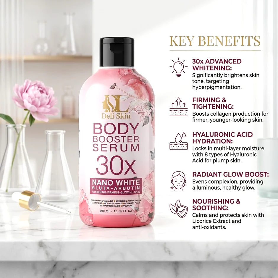 Deli Skin Body Booster Serum 30x on a marble surface with key benefits listed.