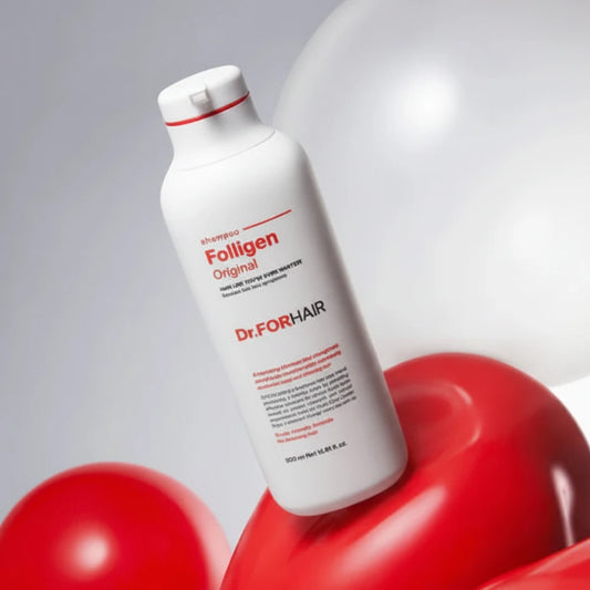 Dr. For Hair Folligen Original shampoo bottle on a gray background with red heart shapes.