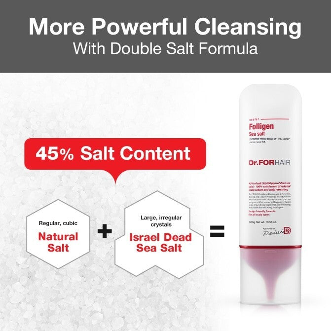 Dr. FORHAIR product with text about double salt formula and salt content on a gray background