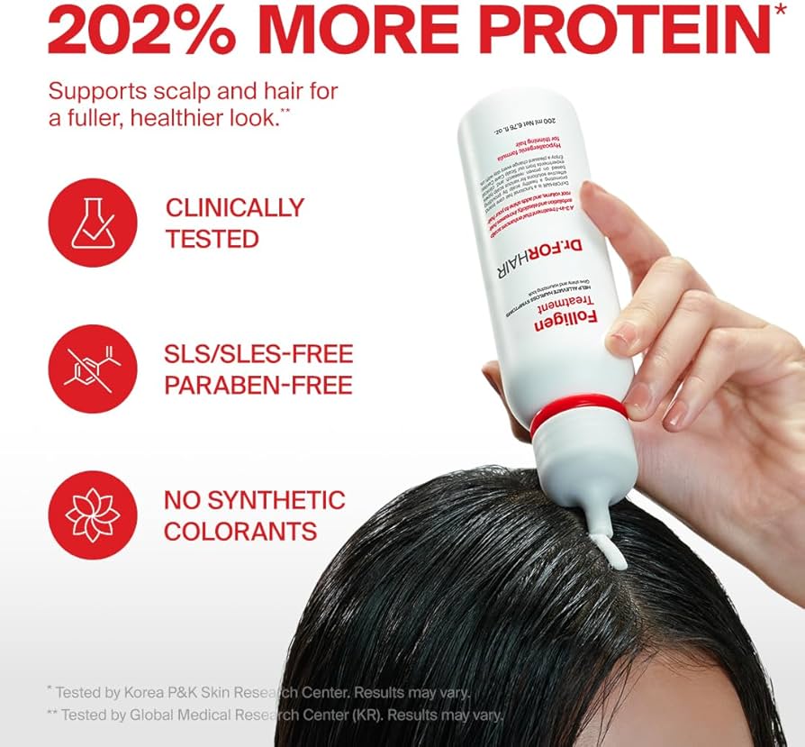 Hair care product being applied to hair with text highlighting protein content and benefits.