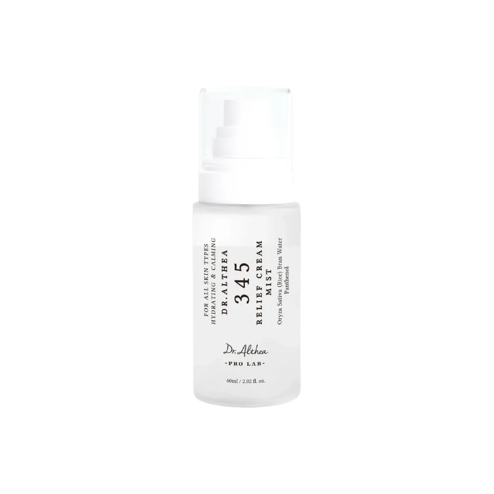 A frosted glass bottle of Dr. Alha 345 Relief Cream Mist with a white pump dispenser, shown against a plain white background.