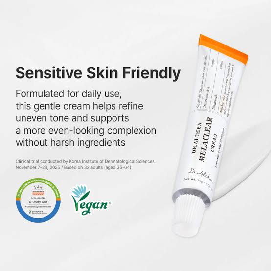Dr. Altar Melaclear Cream tube with text about sensitive skin friendliness on a white background