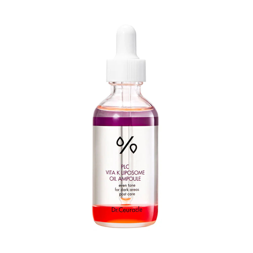 A clear glass bottle with a white dropper containing pink-toned skincare oil, labeled PLC Vita K Liposome Oil Ampoule by Dr. Ceuracle.