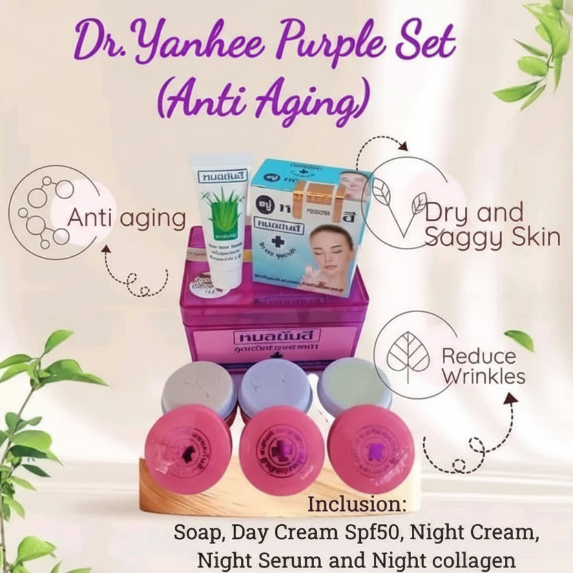 Dr. Yanhee Purple Set for anti-aging with products and packaging on a light background.
