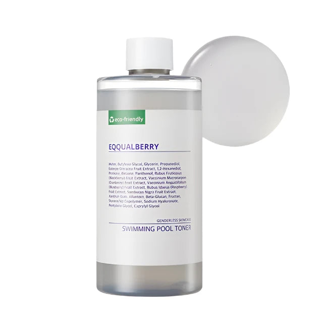 A bottle of EQQUALBERRY Swimming Pool Daily Facial Toner with its cap placed beside it, showcasing the label and clear liquid inside.