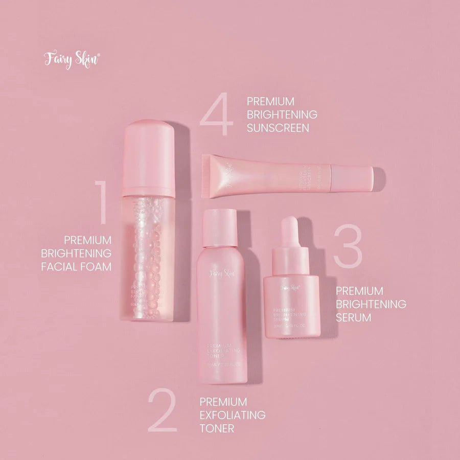 Set of skincare products with labeled steps on a pink background
