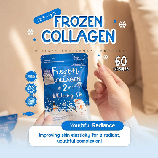 Frozen Collagen dietary supplement package held by a hand with product details on a beige background
