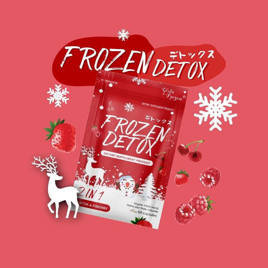 Frozen Detox supplement packets on a red background with snowflakes and a deer illustration.