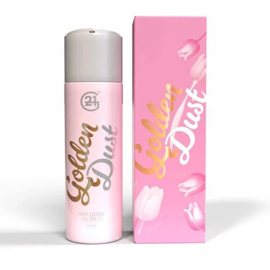 Pink 'Golden Dust' deodorant bottle and packaging on a white background