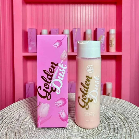 Pink bottle and packaging with 'Golden Dust' branding against a pink shelf background