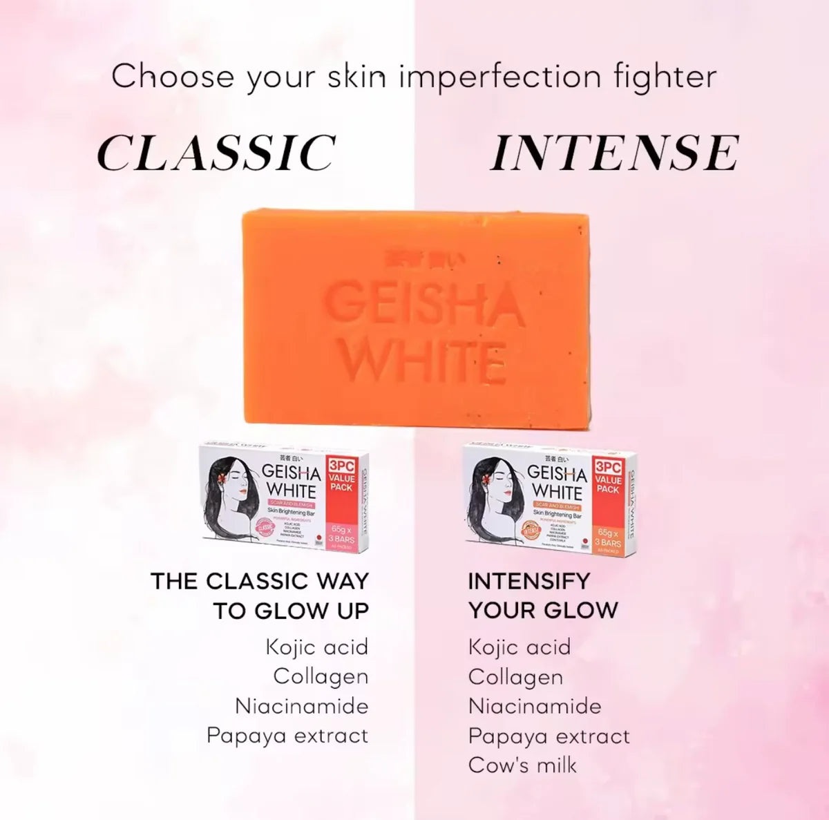 Geisha White skincare products with text on a pink gradient background