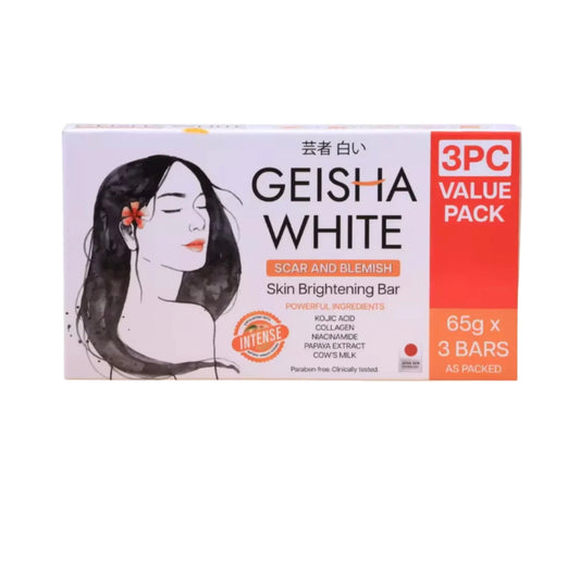 Geisha White skin brightening bar packaging with a woman's face illustration on a white background.