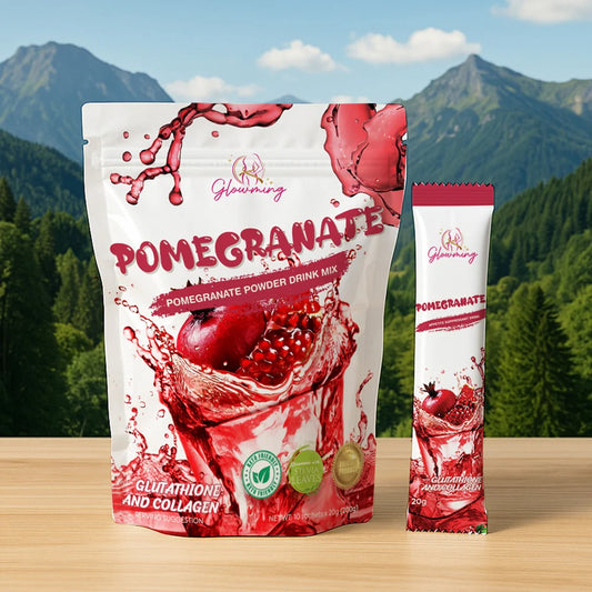 Pomegranate powder drink mix packaging with mountains in the background