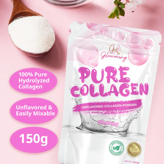 Package of pure collagen powder with a spoonful of powder on a pink background