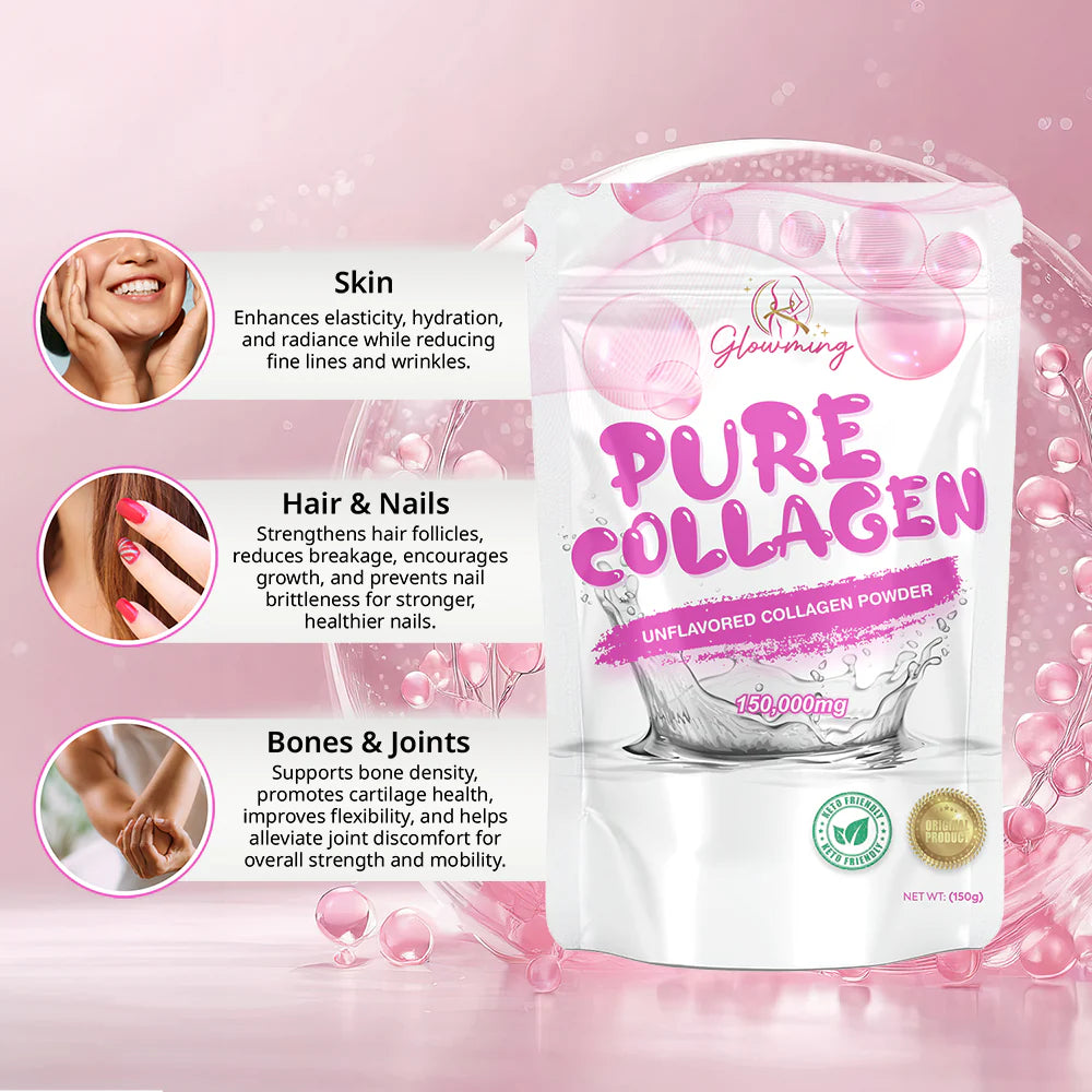 Pure Collagen powder package with benefits on a pink background