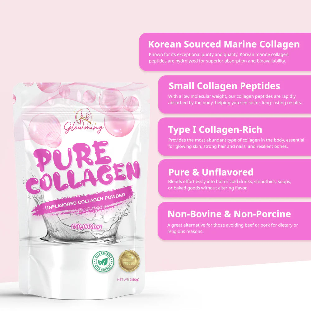 Pure Collagen powder package with product details on a pink background
