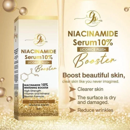 NIACINAMIDE Serum 10% Licorice Plus+ Booster packaging with gold and white design.