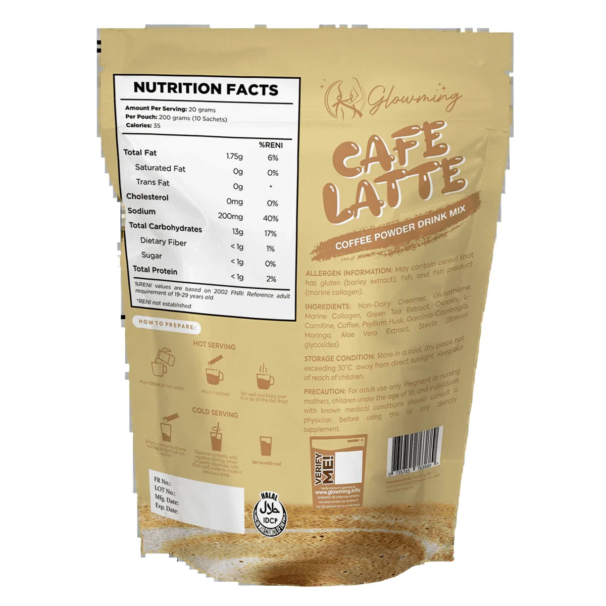 Cafe Latte coffee powder drink mix packaging with nutrition facts label on a white background