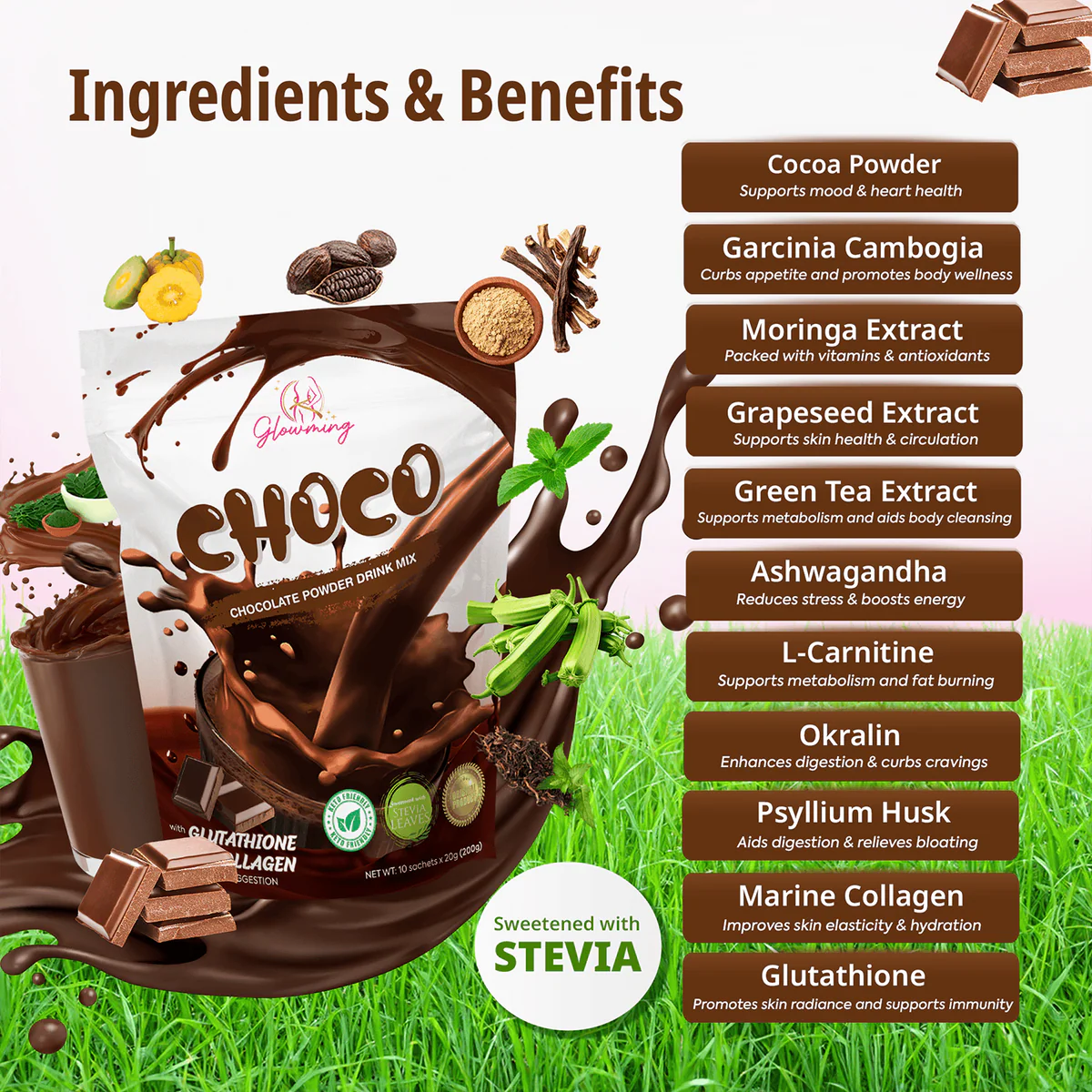 Glimmering Choco chocolate powder drink mix with ingredients and benefits listed on a green background