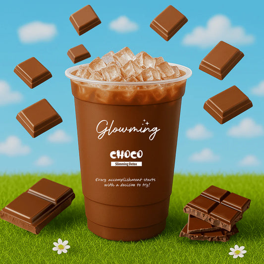 Chocolate drink with ice cubes in a cup labeled 'Glowing Choco' against a blue sky and green grass background.