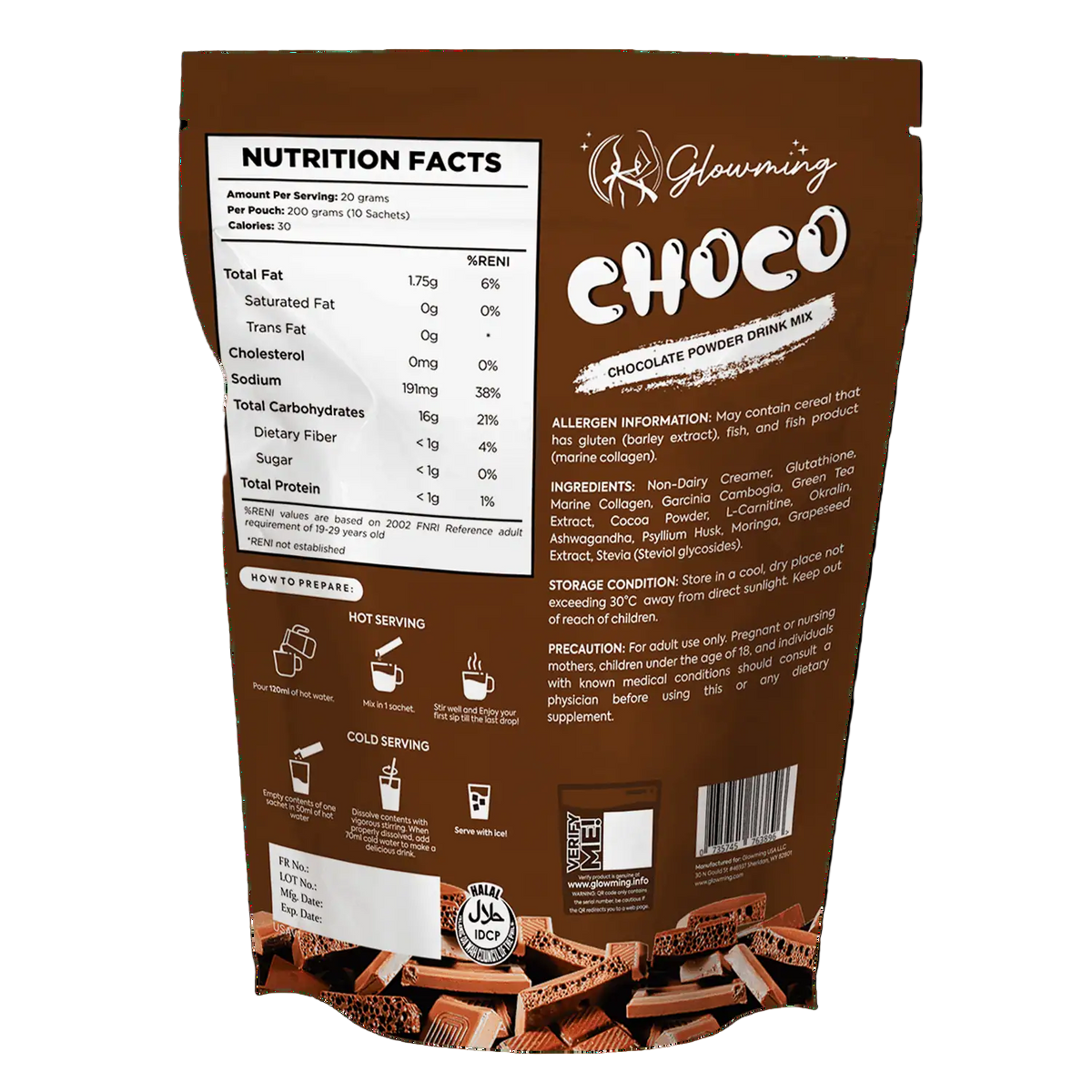 Glowing Choco chocolate powder drink mix packaging with nutrition facts and usage instructions.