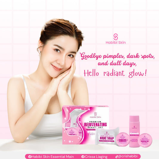 Woman with radiant skin holding Habibi Skin products on a white background