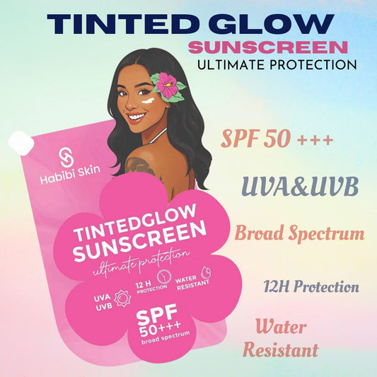 Habibi Skin Tinted Glow Sunscreen packaging with a woman's face and product details on a light blue background.