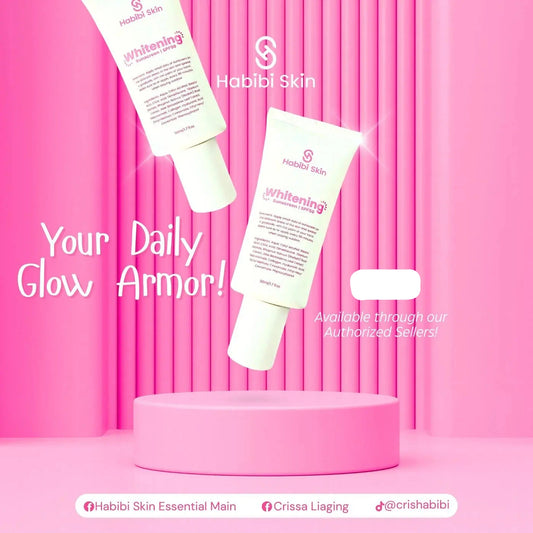 Habibi Skin whitening cream on a pink platform with a pink curtain background
