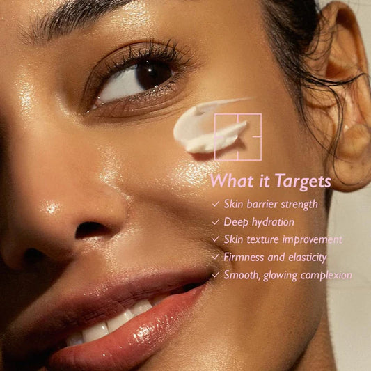 Close-up of a woman's face with a skincare product application, text highlighting product benefits.