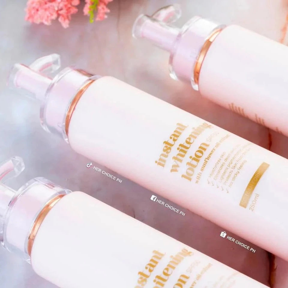 Three bottles of 'Instant Whitening Lotion' with decorative flowers in the background