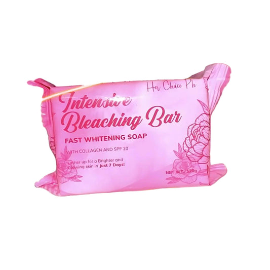 Intensive Bleaching Bar soap packaging on a pink background with text about skin brightening and rejuvenation.
