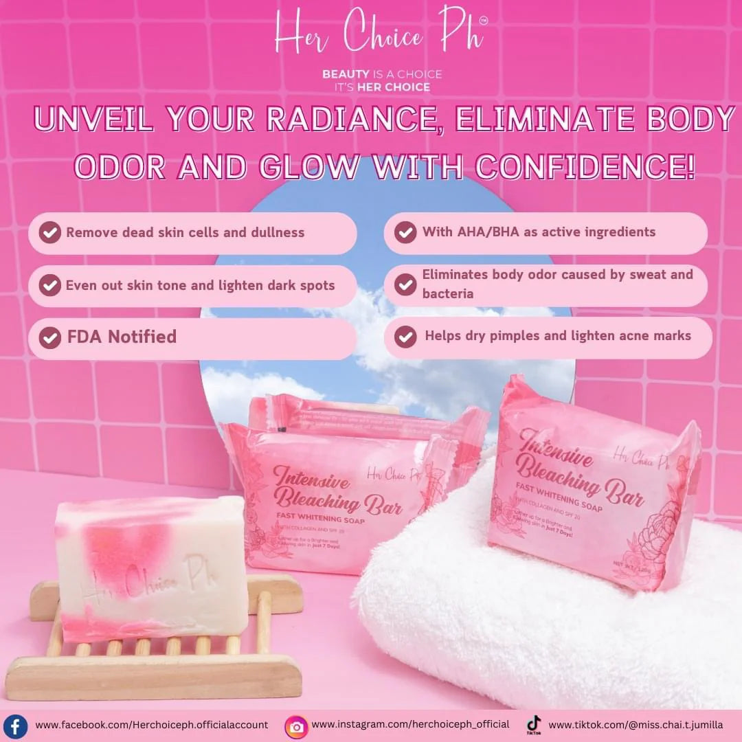 Her Choice PH soap bars on a pink background with product features listed.