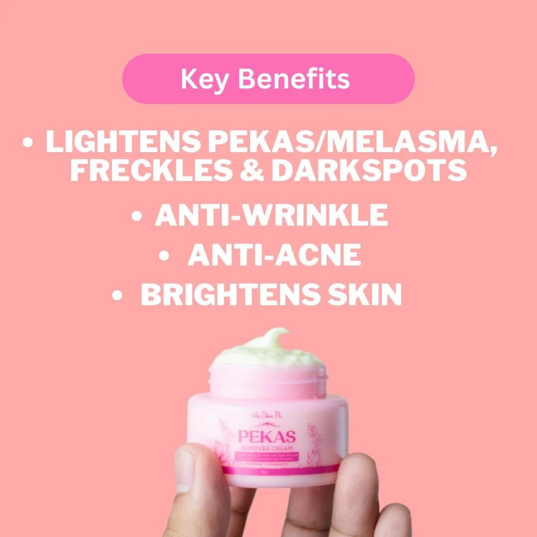 Pink skincare jar with key benefits listed on a pink background