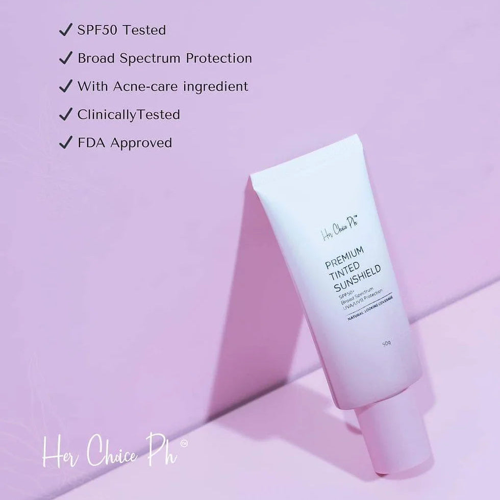 Tube of 'Her Choice Ph' Premium Tinted Sunshield on a light purple background with product features listed.