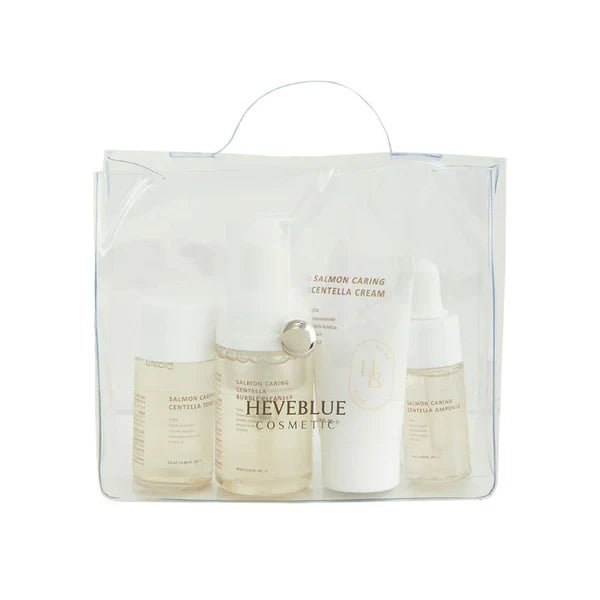 Set of skincare products in a clear plastic packaging with 'HEVEBLUE' branding.
