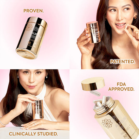 Cosmetic product with branding, featuring a woman holding the product against a pink background.