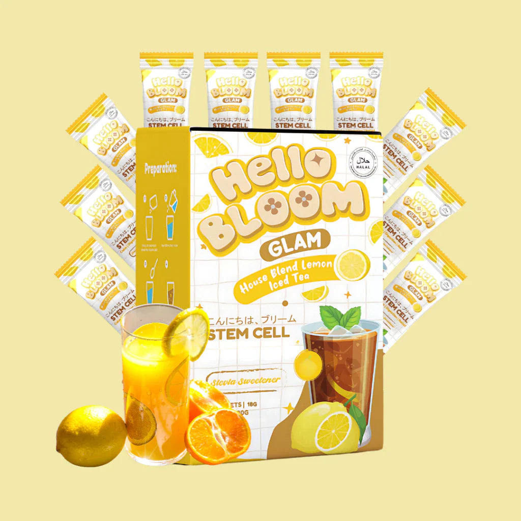 Hello Bloom Glam lemon tea packaging with a glass of lemonade on a yellow background