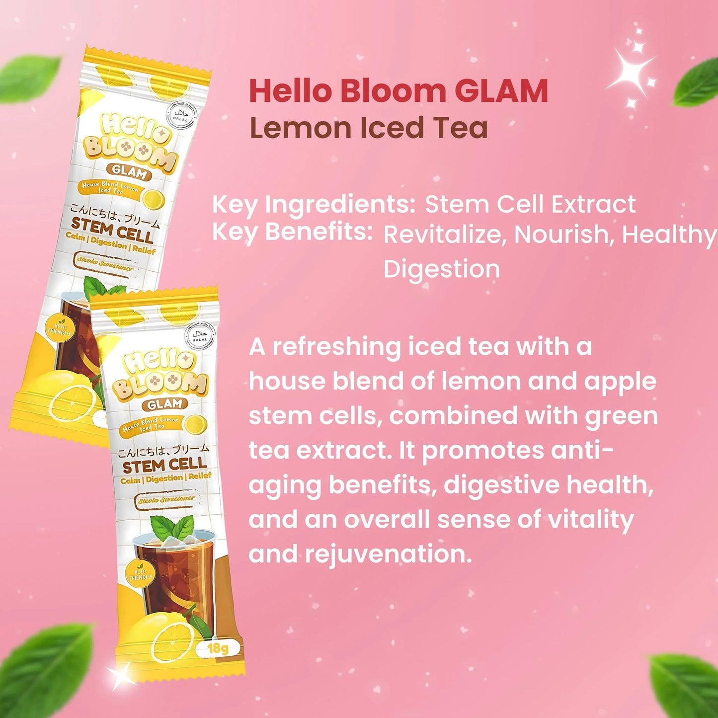Hello Bloom Glam Lemon Iced Tea packaging on a pink background with text about ingredients and benefits.