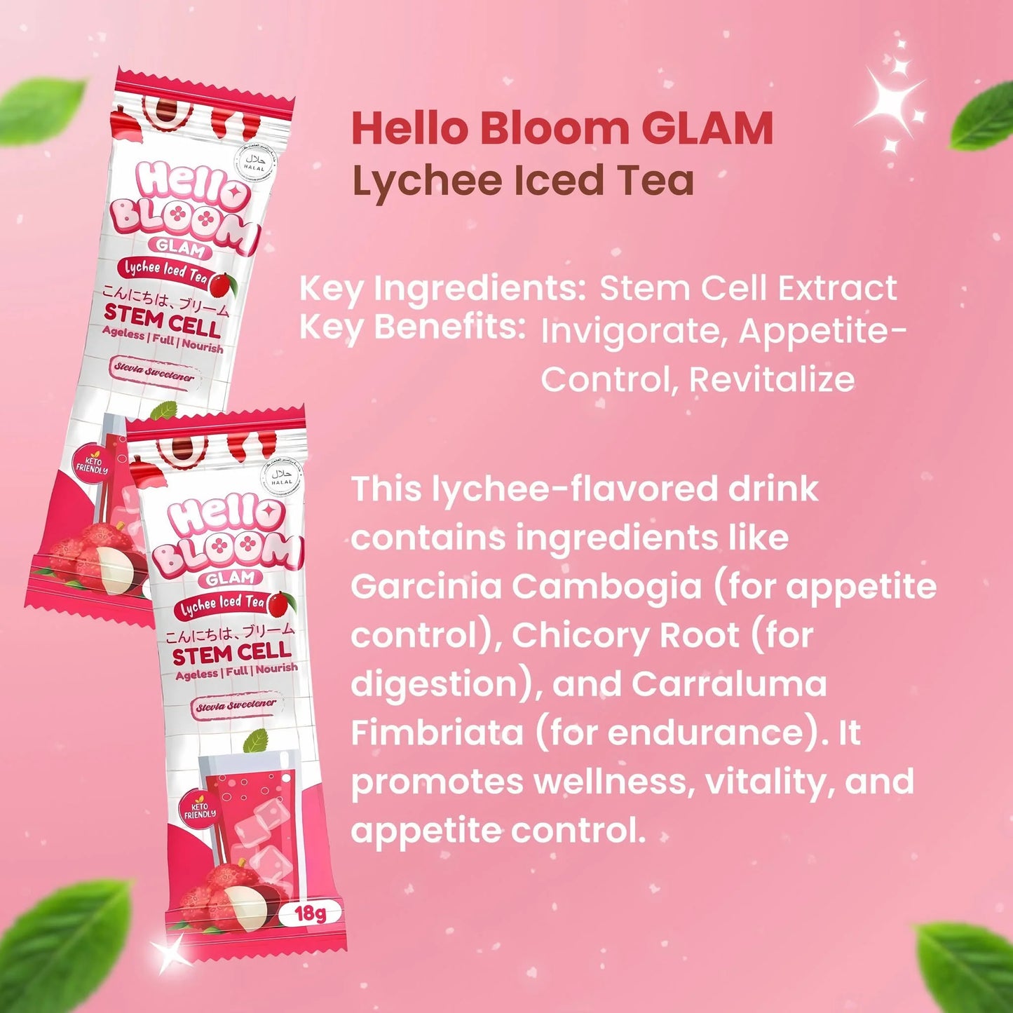 Hello Bloom GLAM Lychee Iced Tea packaging with product details on a pink background