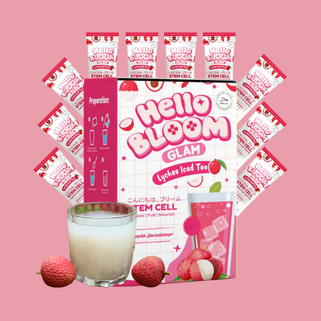 Hello Bloom Glam lychee iced tea packaging with tea bags and a glass of tea on a pink background