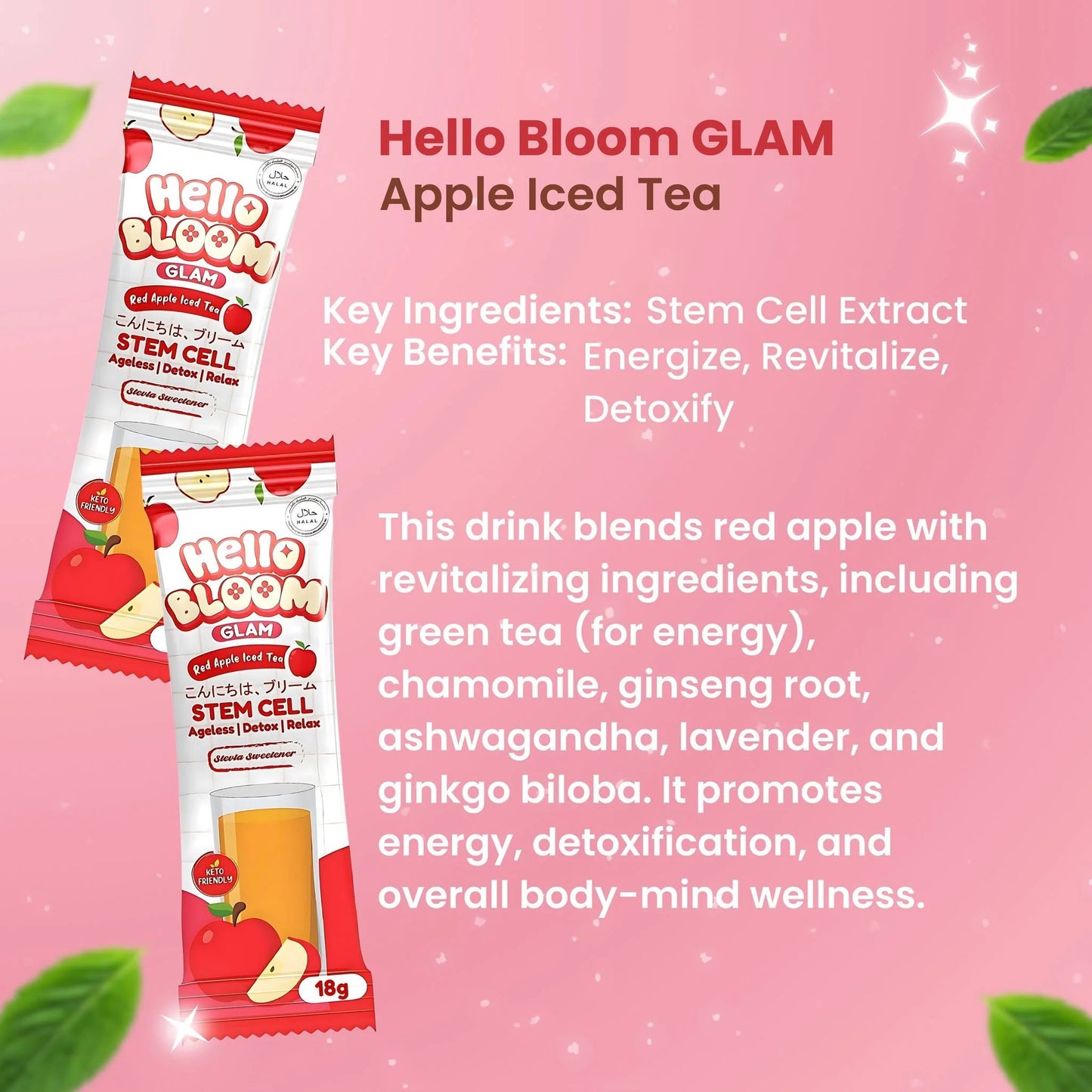 Hello Bloom Glam Apple Iced Tea packaging with product details on a pink background