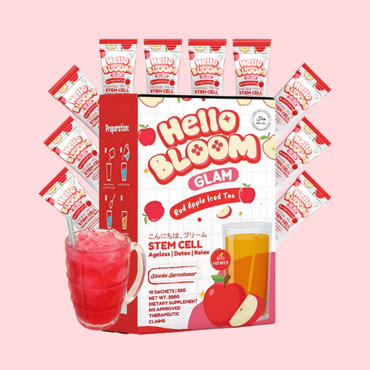 Hello Bloom Glam Red Apple Iced Tea packaging with multiple sachets on a pink background