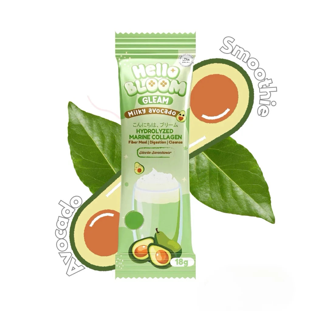 Green package of 'Hello Bloom' Milky Avocado smoothie with avocado slices and leaves on a white background