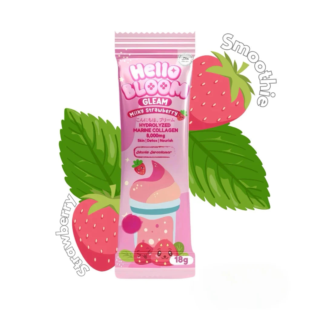 Pink package of 'Hello Bloom Gleam' with strawberries and leaves on a white background