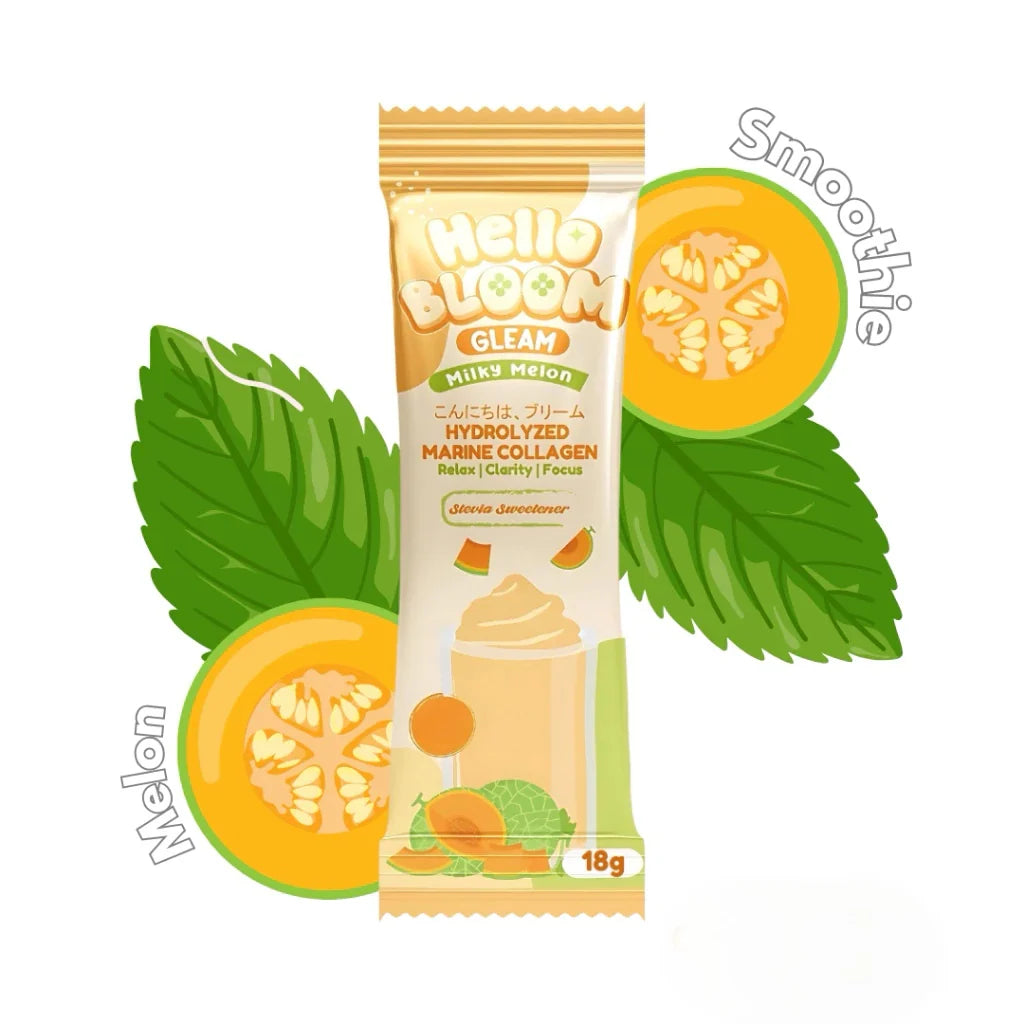 Hello Bloom melon smoothie package with melon slices and leaves on a white background
