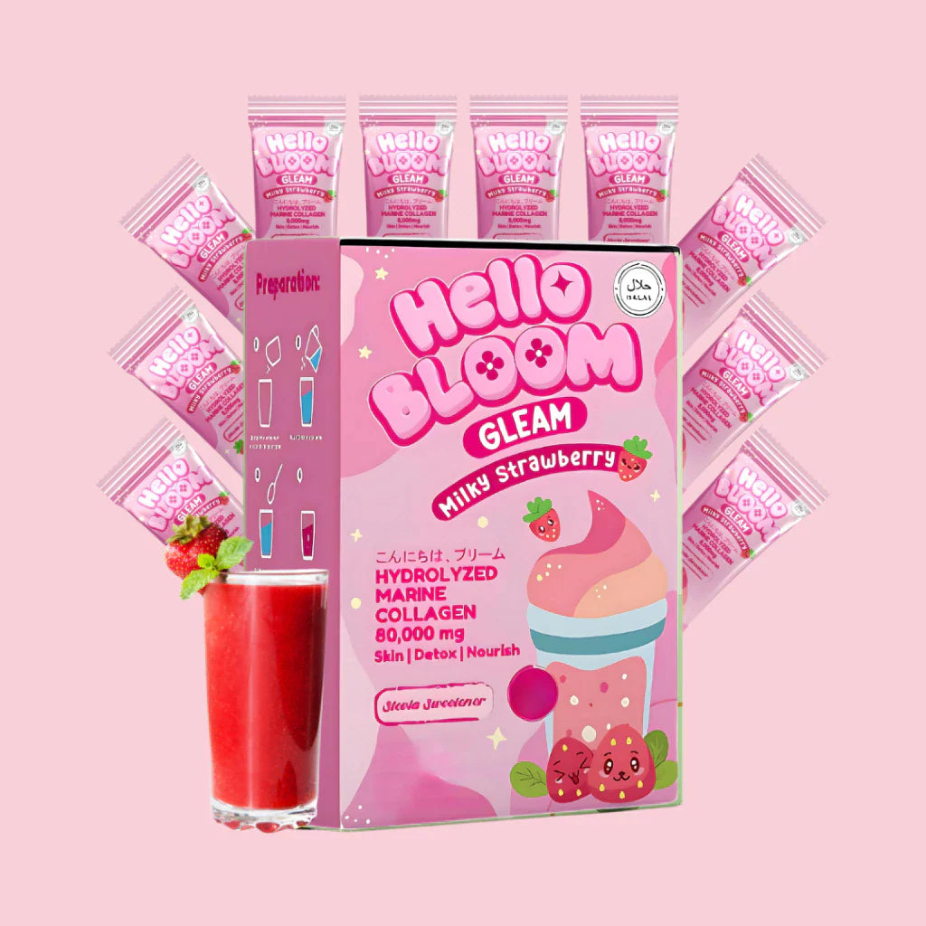 Hello Bloom Gleam Milky Strawberry packaging with multiple packets on a pink background