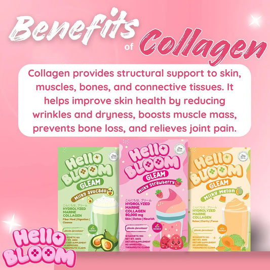 Hello Bloom collagen product packaging with text about the benefits of collagen on a pink background